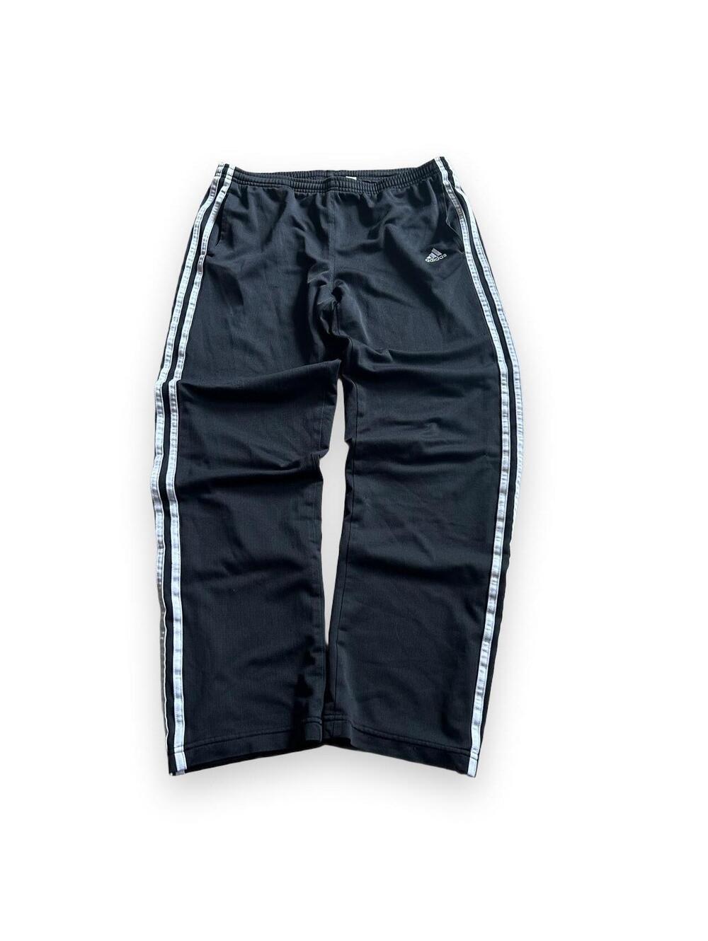 Y2K Women’s Adidas Black Track Pants with White Stripes and wide leg opening